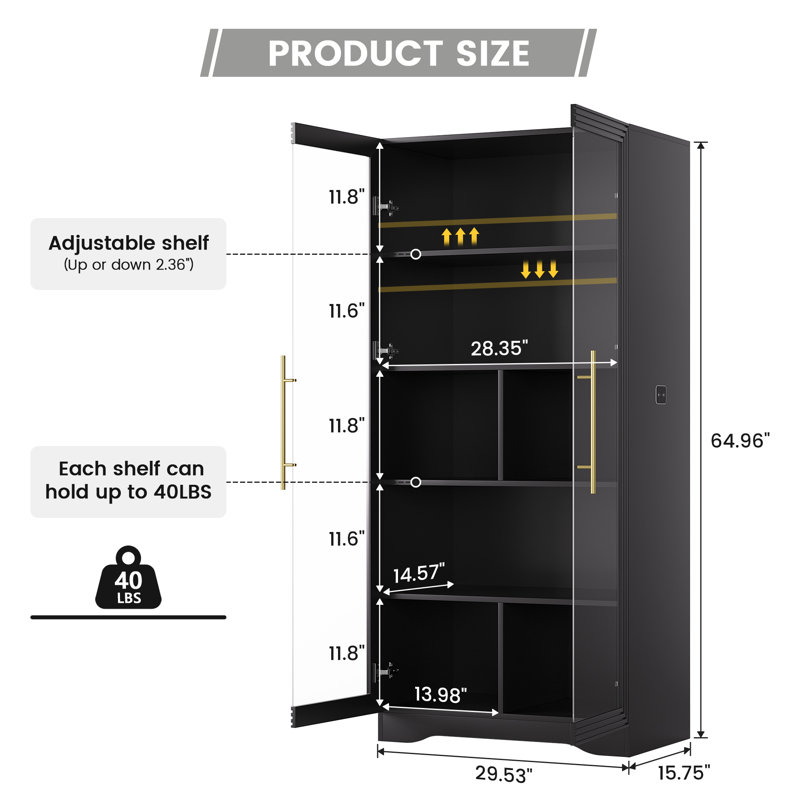 65" 5-Tier Office Storage Cabinet, Glass Display Cabinet With Three-Color Led Strip And Sensor, Black