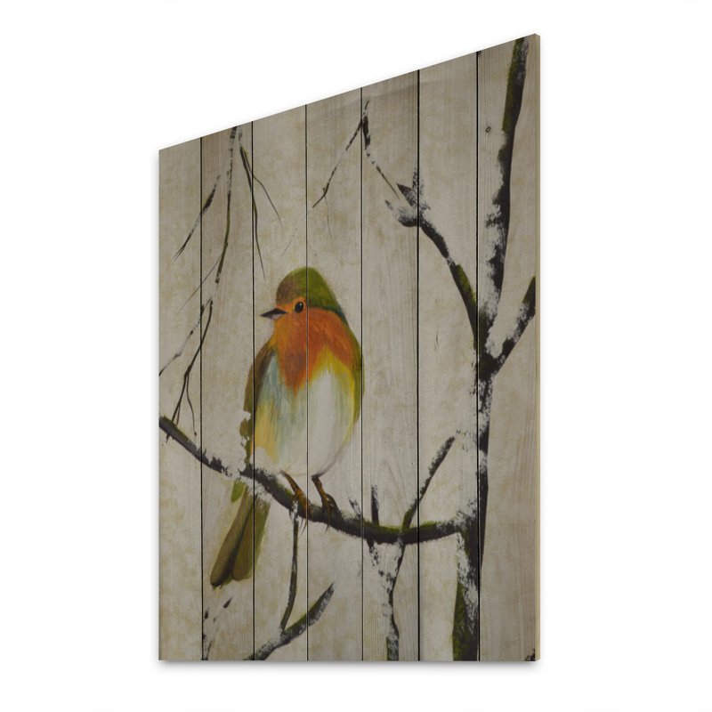 Oiseau rétro sur une branche - impression sur bois sans cadre, H 12 po x l 8 po x P 1 po