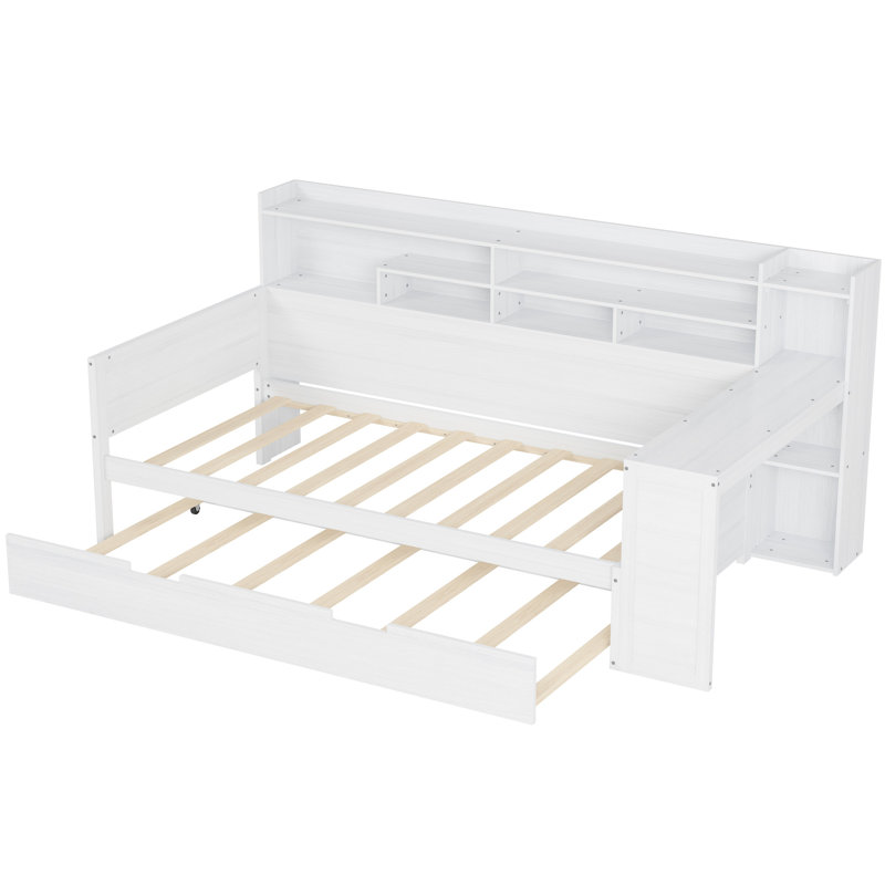 Lit de jour en bois avec lit gigogne simple et rangement, options de rangement antique à finition blanche, pratique