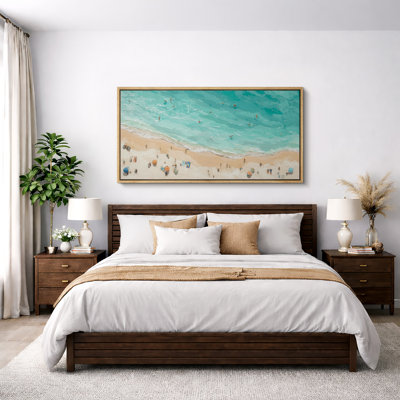 Coastal Beach View with Umbrellas and Waves Extra Large Pictures Framed Canvas Print Wall Art