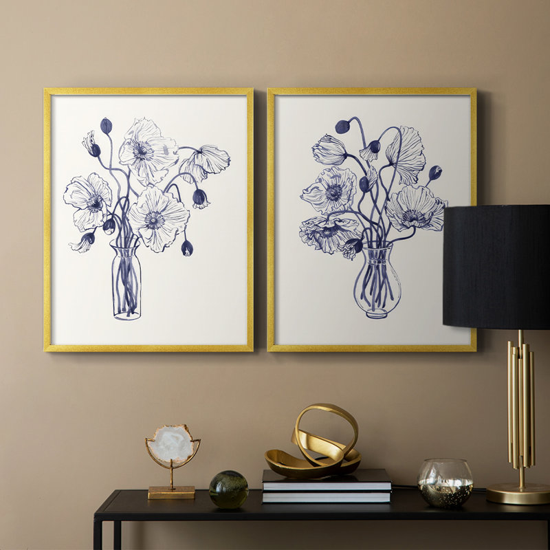 Impression coquelicots bleu marine I-Premium - prêt à accrocher - aucun clou requis - aucun clou requis, Doré