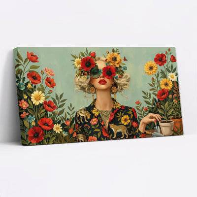 Femme dans un jardin fleuri avec une chemise léopard - Tableau sur toile