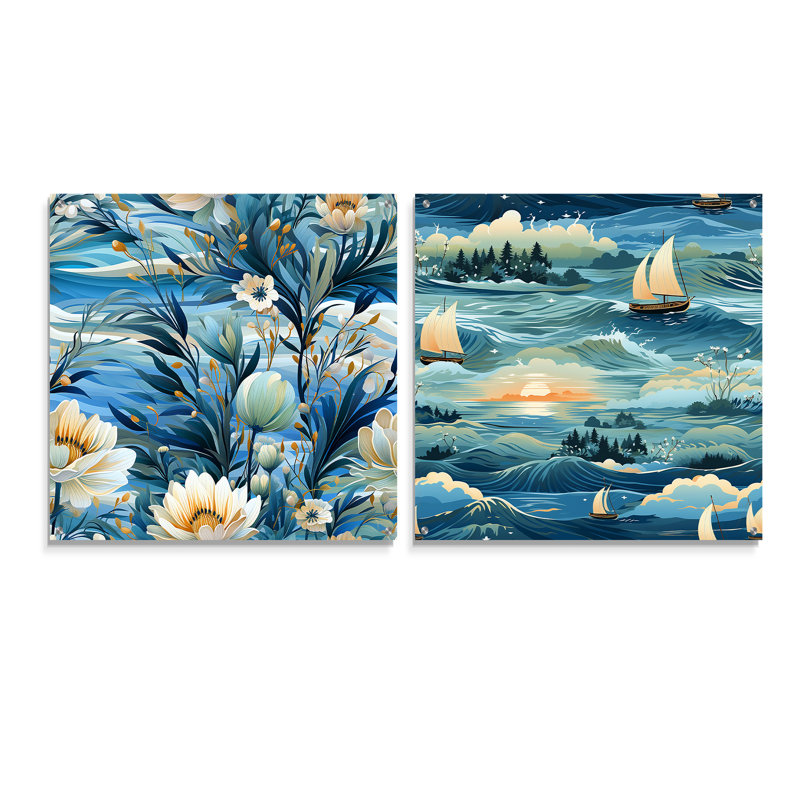 «Coastal Tranquility Seaside Landscape», ensemble de 2 verres muraux en acrylique, H 16 po x l 33 po
