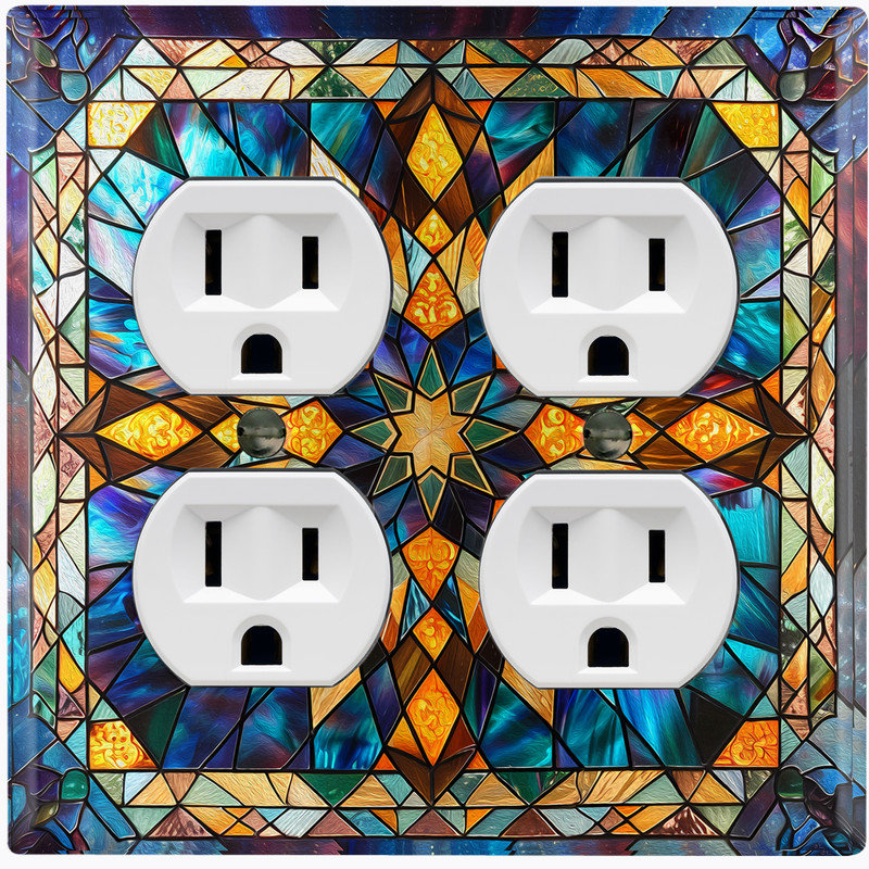 Metal Light Switch Plate Cover; US Standard Size 2 Gang Duplex - Printed Image of Stained Glass Geometric Star