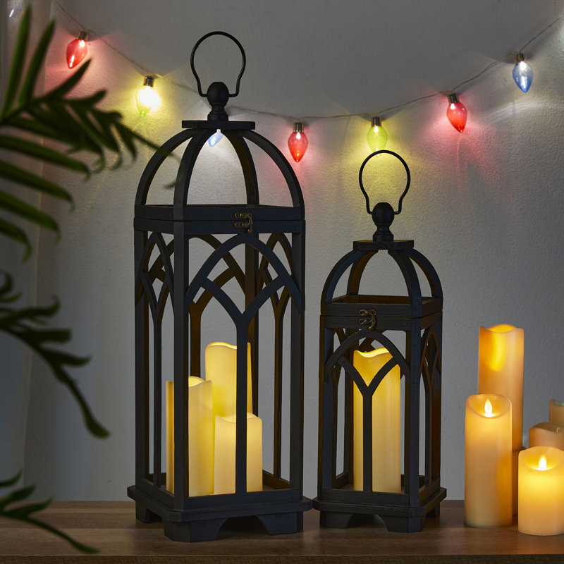 27.25''H Farmhouse Church Window Wood/Metal Tabletop Lanterns, Black