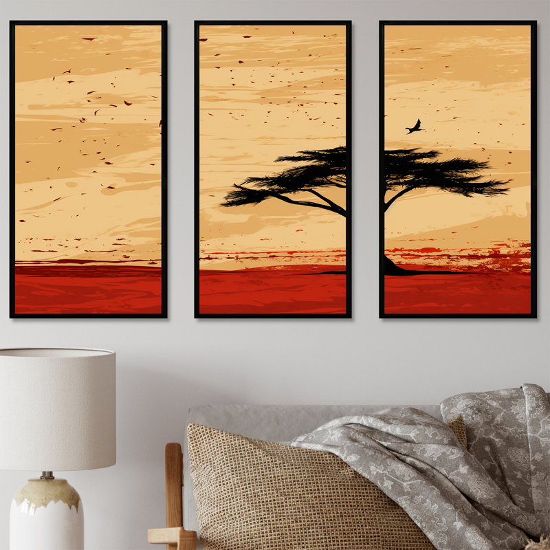 Arbre africain harmonieux 1 - Art mural africain, H 28 po x l 36 po x P 1 po, Cadre flottant noir