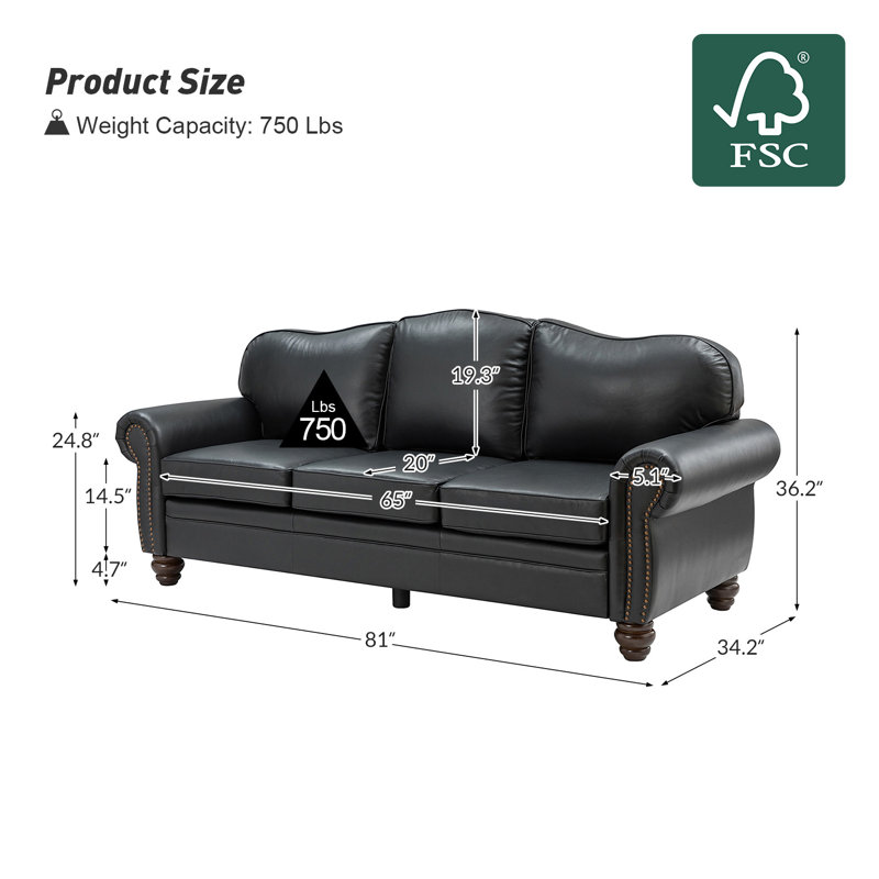 Eugene 81" Traditional Genuine Leather Sofa, Black