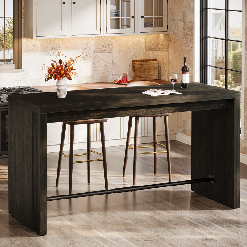 63-Inch Bar Table, Modern Counter Height Pub Dining Table with Metal Footrest, Narrow Rectangular Home Bar Unit for Kitchen, Dining Room, Living Room, Bistro, Black (Set of 2)
