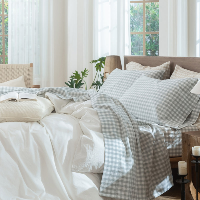 MooMee Gingham Sheet Set 100% Washed Cotton Linen Like Textured Breathable Lightweight, King Sheet Set with 2 Pillowcases