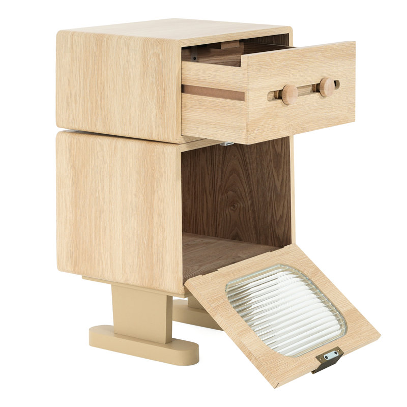 Table d'appoint rotative avec rangement spacieux pour robot avec tiroir et armoire en verre, parfaite pour un décor moderne et amusant