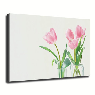 Douces tulipes roses douces dans un vase en verre transparent, peinture minimaliste, grande galerie tendue sur toile pour le salon, la chambre à coucher
