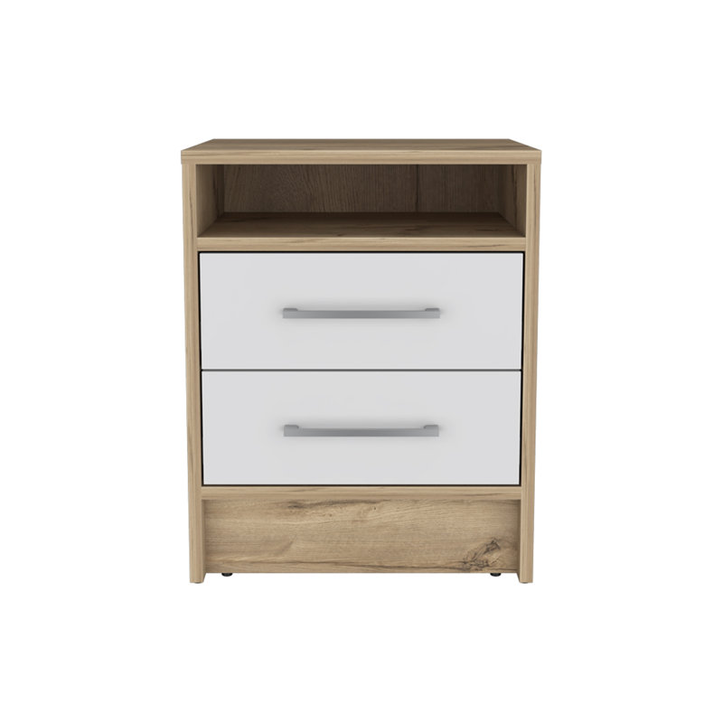 Table de chevet Cartiz, deux tiroirs, finition blanc / chêne clair, Blanc / Chêne clair