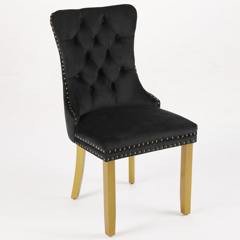 Mid-Century Modern Dining Chair Set With Lion Head Pull Ring, Tufted Solid Wood And Velvet Upholstery For Contemporary Spaces