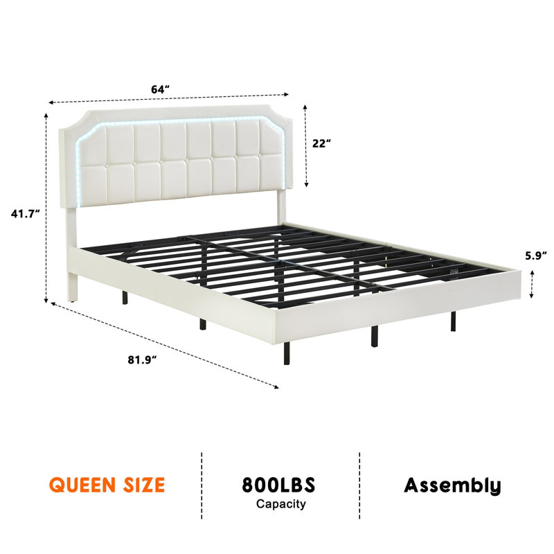 Faux Leather Floating Bed Frame, Upholstered Platform Bed Frame With Led Lights, White, Queen