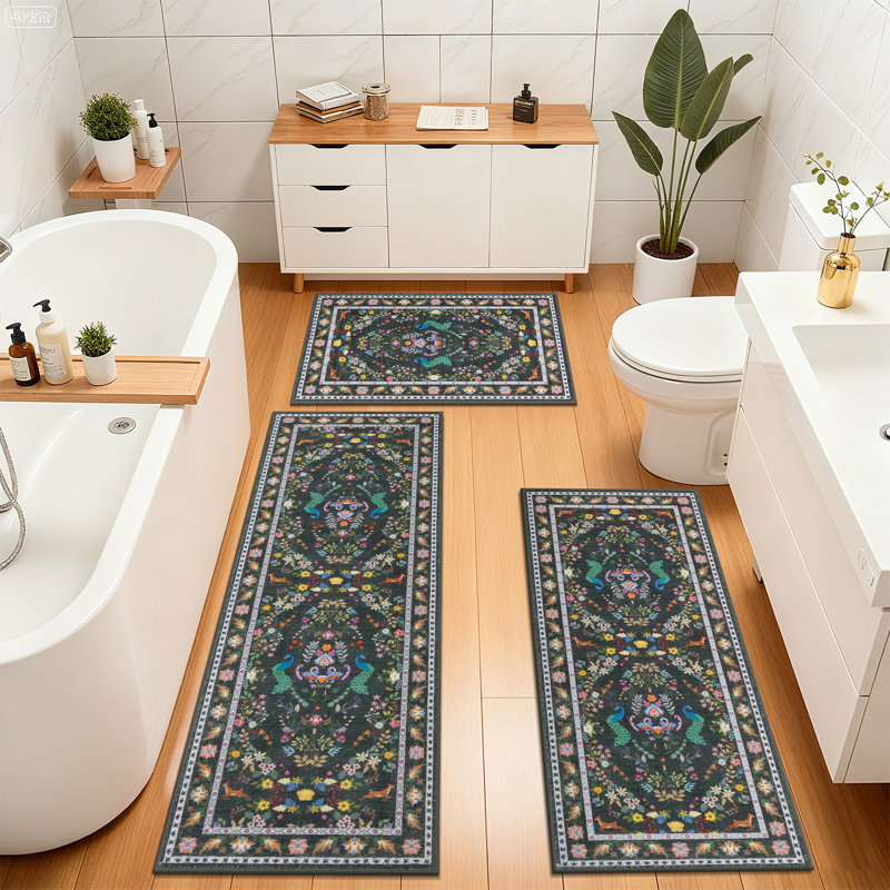 Machine Washable Non-Slip Kitchen Mat, Green/Beige/Gray