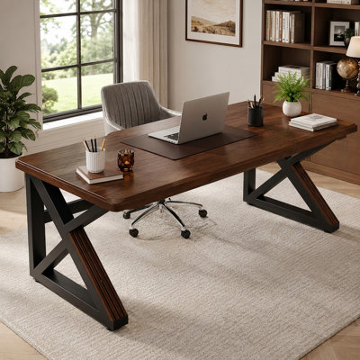 Bureau en bois massif de 63 po, bureau d'ordinateur double extra long avec pieds en métal en forme de K, table d'écriture industrielle pour bureau à domicile