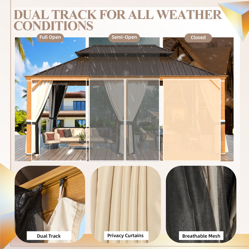 12' X 18' Hardtop Gazebo, Wood Grain Aluminum Frame Outdoor Gazebo With Galvanized Steel Roof, Permanent Metal Pavilion With Curtains & Nettings For Patio, Backyard, Deck And Lawns