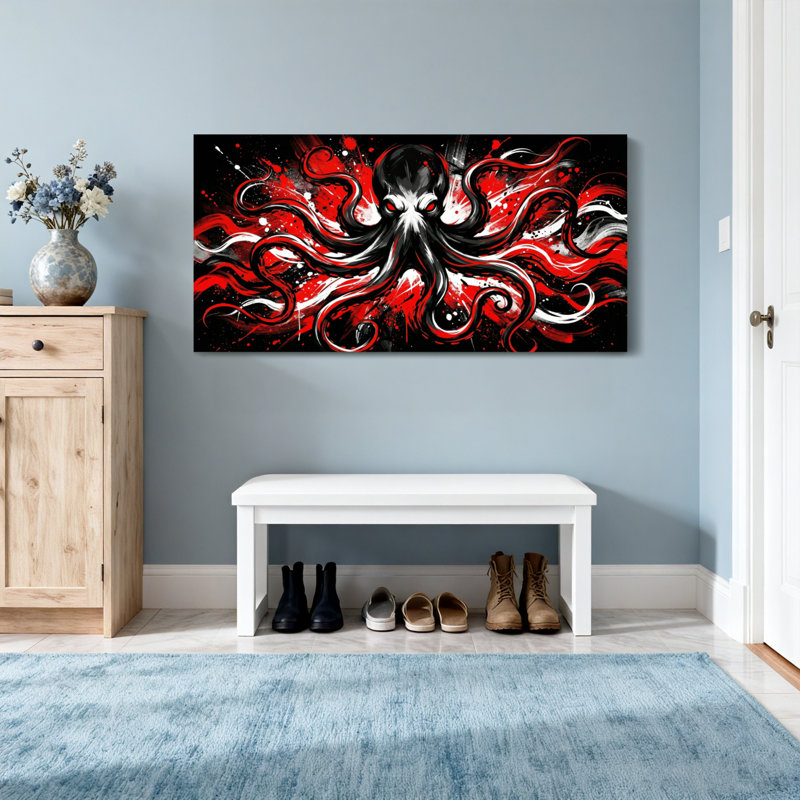 Animaux, pieuvre rouge et noir avec tentacules dynamiques, H 16 po x l 32 po