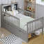 Structure de lit simple avec tête de lit avec support de rangement, deux tiroirs sous le lit, garde-corps à trois côtés pour plus de sécurité, gris-793544465