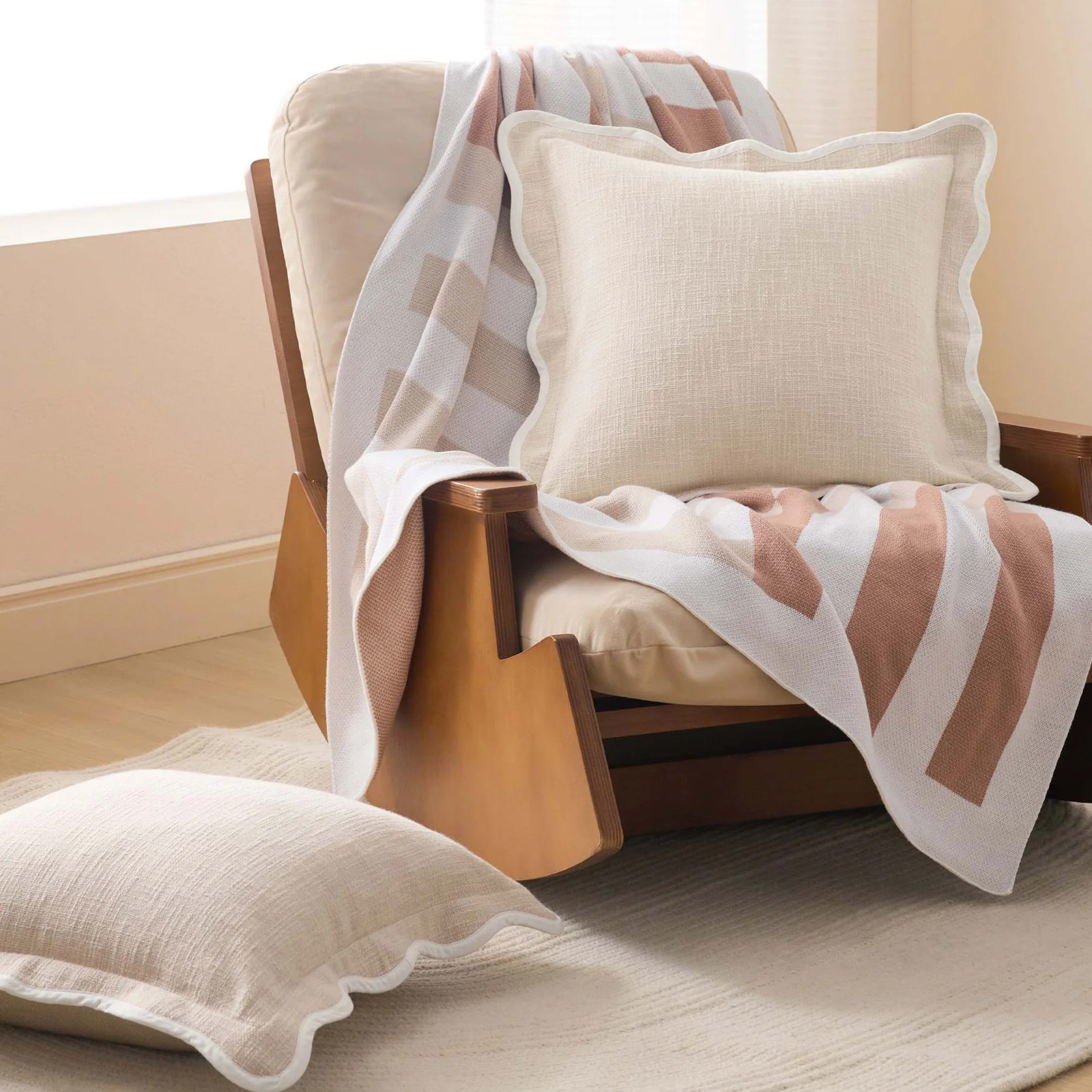 Cotton Scalloped Throw Pillow Cover, Oat Milk