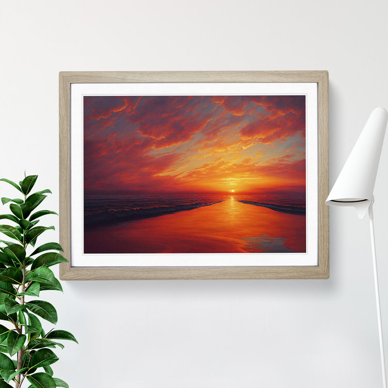 Refined Sunset Seascape - Single Picture Frame Painting, Oak Framed, 46cm H x 64cm W x 2cm D