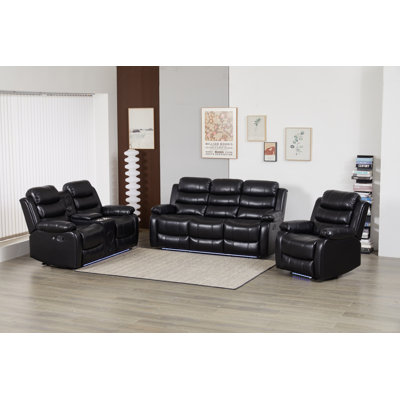 3-Piece Vegan Leather Manual Reclining Living Room Set With LED Lighting &Hidden Cupholder