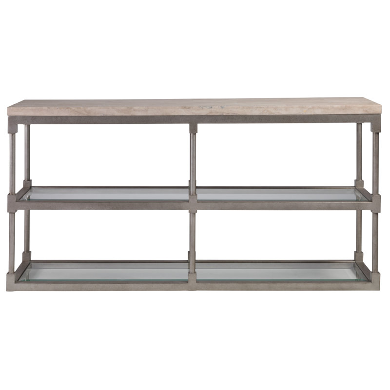 Topa 66'' Beige Travertine and Silver Metal Console Table with Glass Shelf