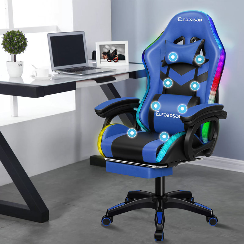 ELFORDSON Adjustable Faux Leather Swiveling PC & Racing Game Chair, Blue/Black