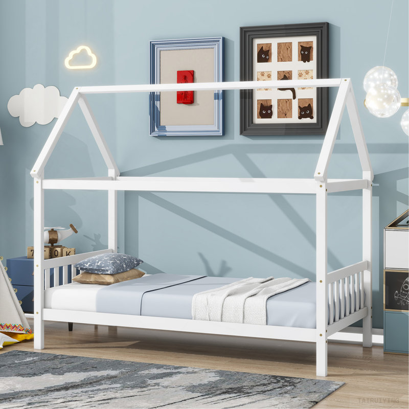 House Bed With Headboard And Footboard,  Rubber Wood Bed With House Frame,White, White