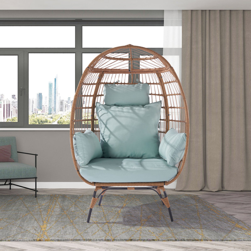 Wicker Egg Chair, Oversized Indoor Outdoor Lounger, Blue