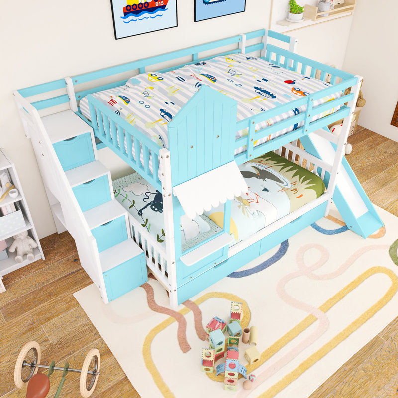 Lit superposé double au-dessus de double avec cadre en bois avec 2 tiroirs, 3 tablettes et glissade, Bleu