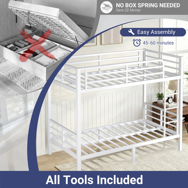 Twin Over Twin Heavy Duty Metal Bunk Bed, Space-Saving Design, White