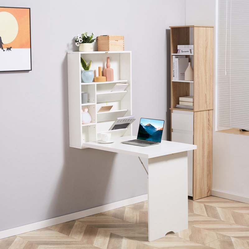Wall Mounted Fold Out Convertible Desk, Multi-Function Floating Desk With Storage Shelf