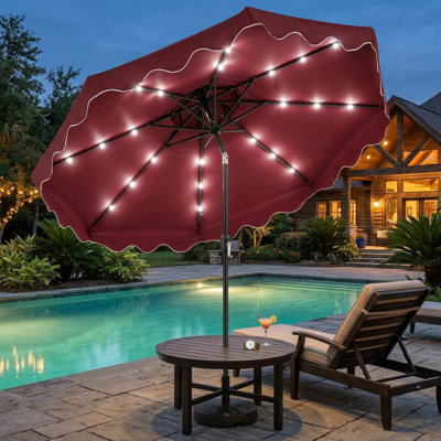 Parasol de terrasse à DEL robuste et résistant aux rayons UV de 9 pi avec manivelle à bouton-poussoir inclinable 24 lumières DEL et 8 nervures pour une utilisation dans la cour arrière au bord de la piscine