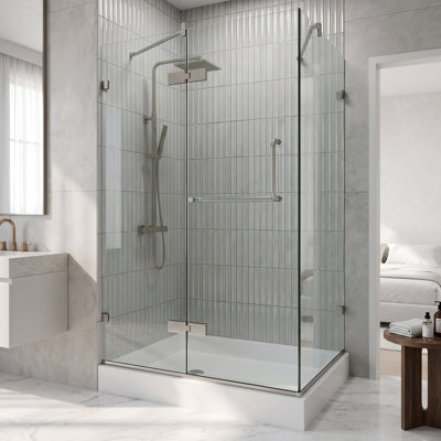 Cabine de douche à charnière sans cadre avec verre transparent 3/8 et base Monteray l 48 po x P 32 po x H 79 po