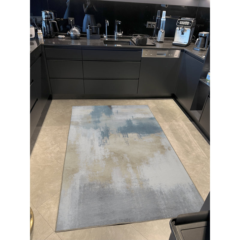 Tapis décoratif moderne à motif abstrait bleu et beige, Rectangle 3 pi 11 po x 5 pi 10 po