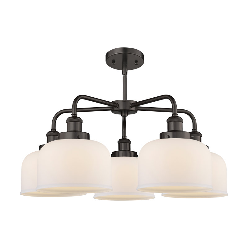 Lustre en verre à 5 lumières Bell, Blanc mat, Bronze huilé