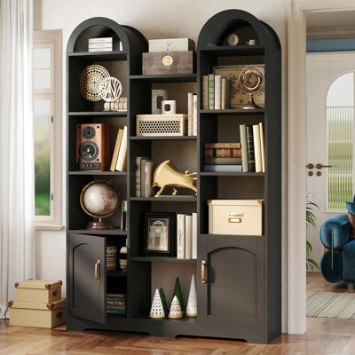 70.9" Tall Arched Cabinet with 2 Doors, 5 Tier Wooden Arched Bookshelf, Open Display Shelves