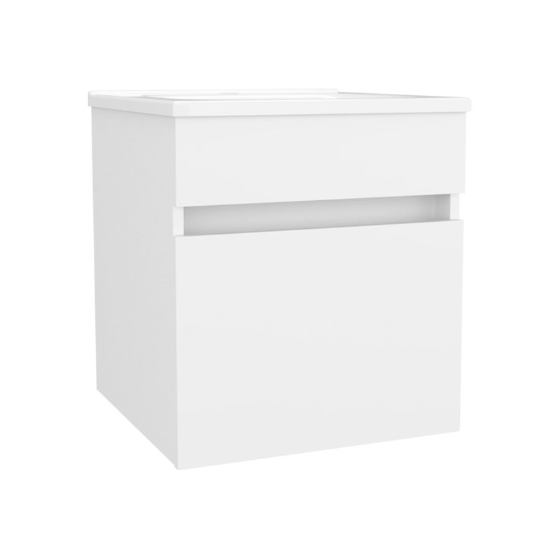 Meuble-lavabo flottant blanc à une porte avec lavabo, fixation murale, esthétique contemporaine, conception peu encombrante, finition épurée, profil rectangulaire, panneau de particules et porte de lavabo intégrée intégrée,