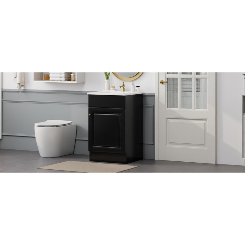 Meuble-lavabo noir de 20 po. Armoire avec lavabo en céramique. Couvercle de trop-plein lisse et cercle en métal. Tablette de porte et tablette réglable. Conception pratique du meuble-lavabo. Finition à l'eau.
