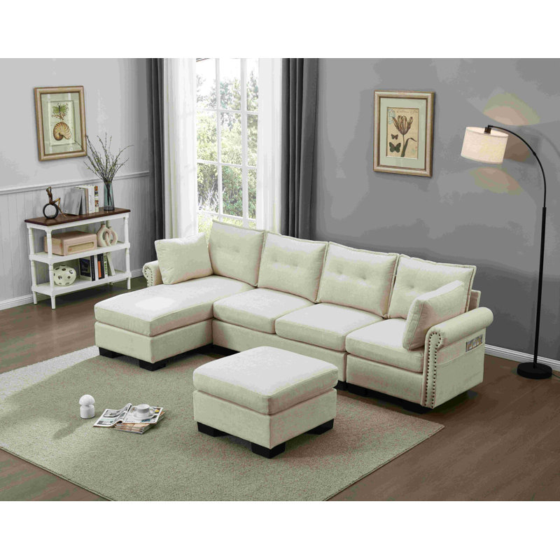 Canapé modulaire avec méridienne réversible et repose-pieds, Beige