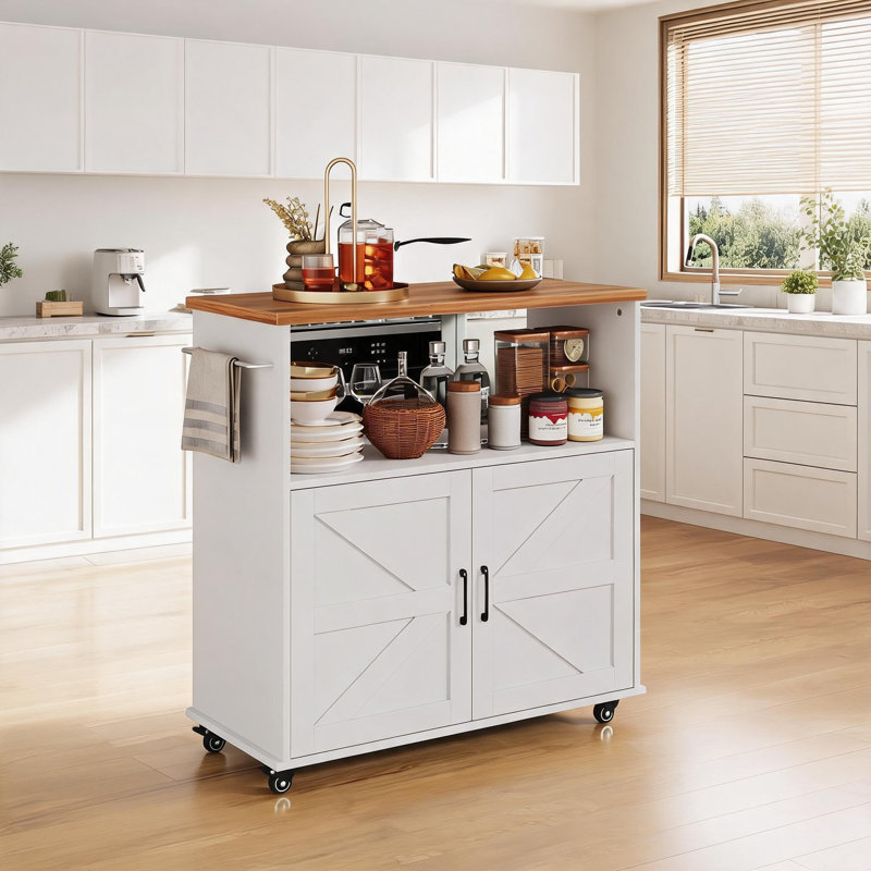 Îlot de cuisine roulant de 90 cm avec rangement et porte-serviettes, chariot en bois mobile à roulettes verrouillables, blanc