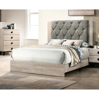 Lit pour grand lit, thème crème et gris, tête de lit, tête de lit en bois d'hévéa gris, cadre