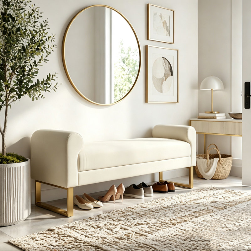 Banc de bout moderne de 55 po de large avec revêtement en similicuir et table d'appoint, Beige