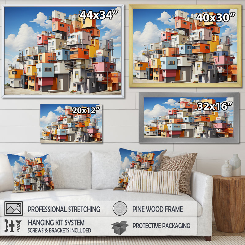 De Stijl Style Factories, paysage sur toile, Cadre flottant doré, H 30 po x l 40 po