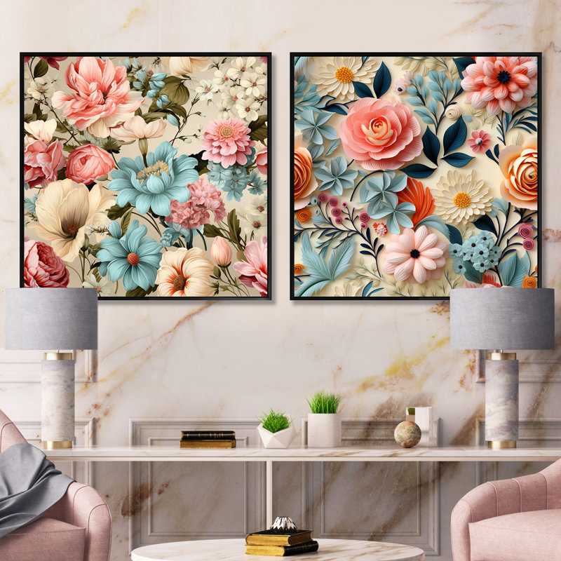 Pastel Shades Garden Delight - Ensemble de 2 collages floraux carrés, Cadre flottant noir, H 16 po x l 33 po