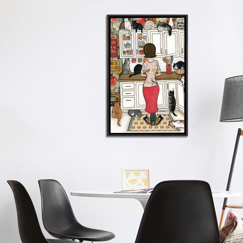 « Feed the Cats » par Jamie Morath-impression, H 40 po x l 26 po x P 1,5 po, Toile avec cadre noir patiné, Pas de tapis