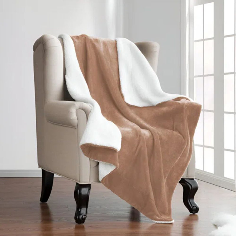 Kaylie Soft Sherpa Fleece Fur Thick Dual Sided Reversible Blanket Throw, Camel, 150cm x 200cm