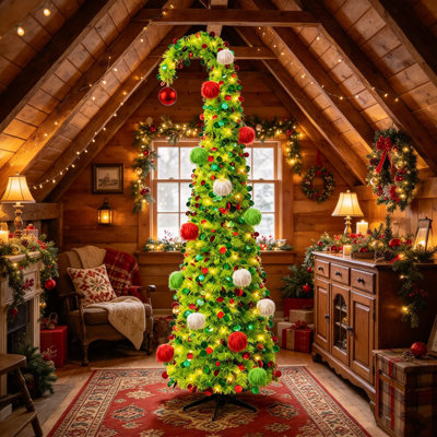 6FT Whimsical Curved Pencil Christmas Tree with Glossy Topper Ball, for home, apartment, office and classroom Christmas decor