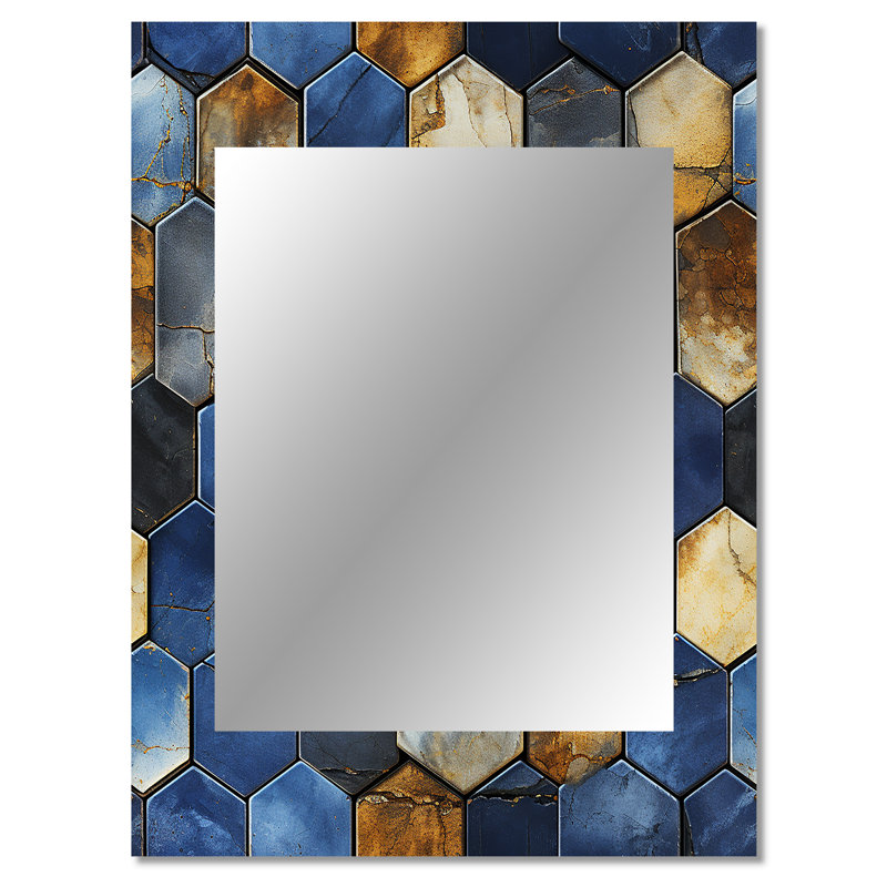 Grey And Blue Hexagone Symmetry - Geometric  Mirror, Geometric Unique Wall Mirror, Printed Metal Art, 40" x 30"
